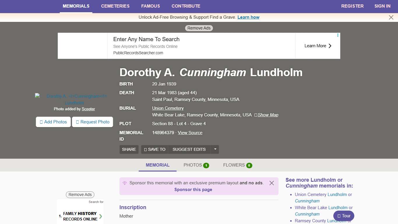 Dorothy A. Cunningham Lundholm (1939-1983) - Find a Grave Memorial